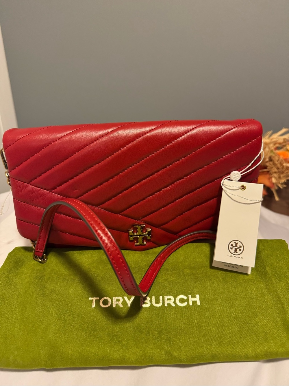 NWT Tory Burch Kira Chevron Clutch Shoulder Bag Red Apple 56824